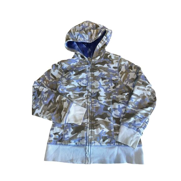 LL Bean Kids girls medium 10/12 Hoodie Sweatshirt Fleece Lined Blue Camo WARM - Picture 1 of 7